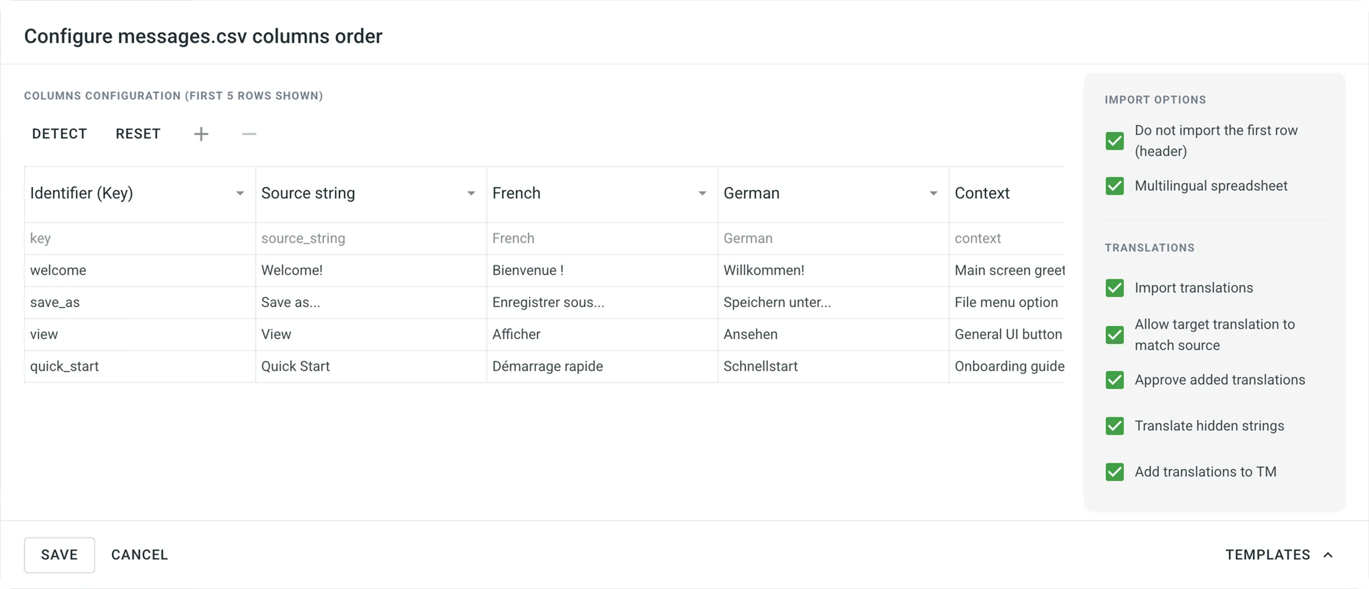 Detailed configuration dialog for a CSV file