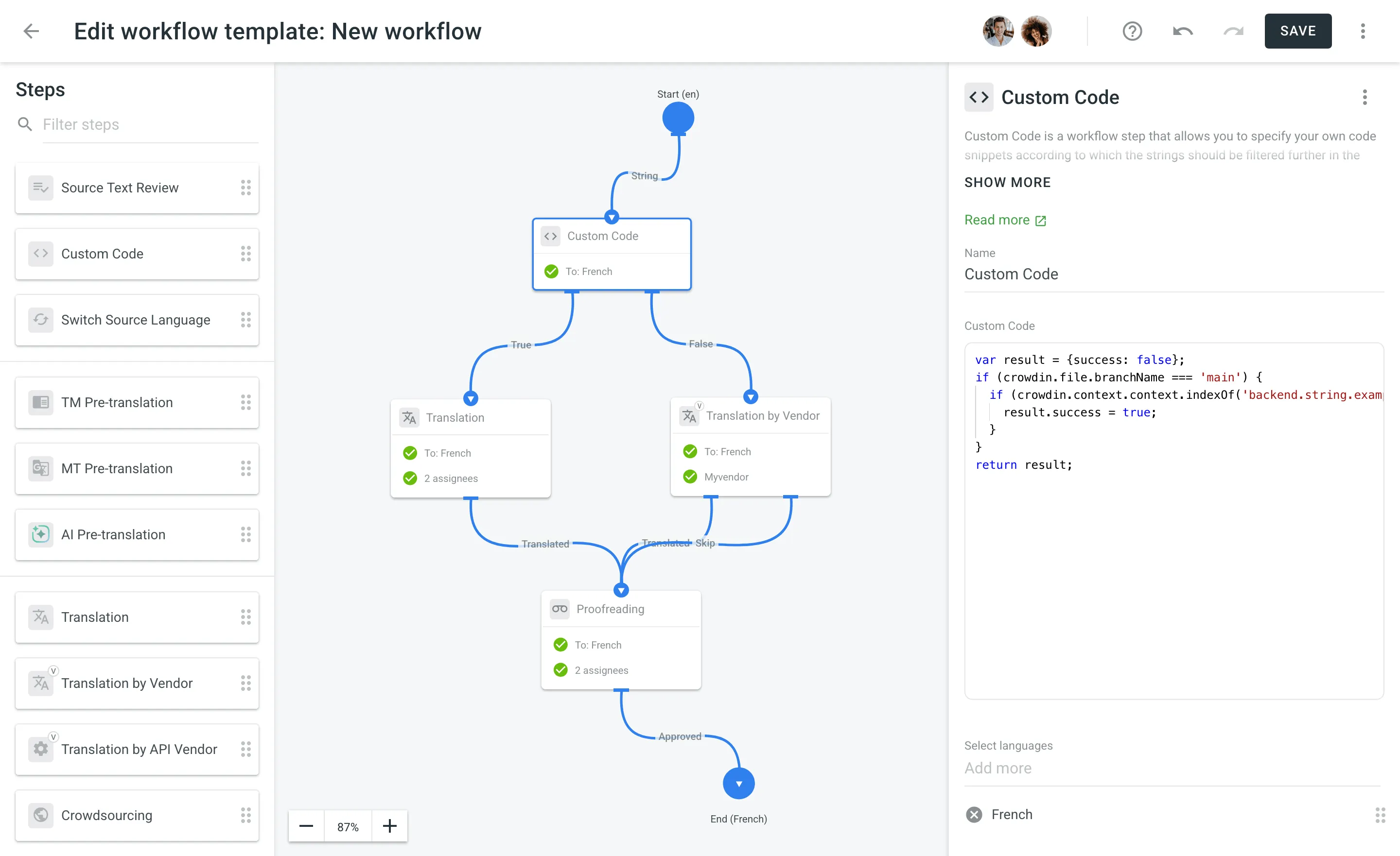 „Benutzerdefinierter Code“ im Workflow-Editor