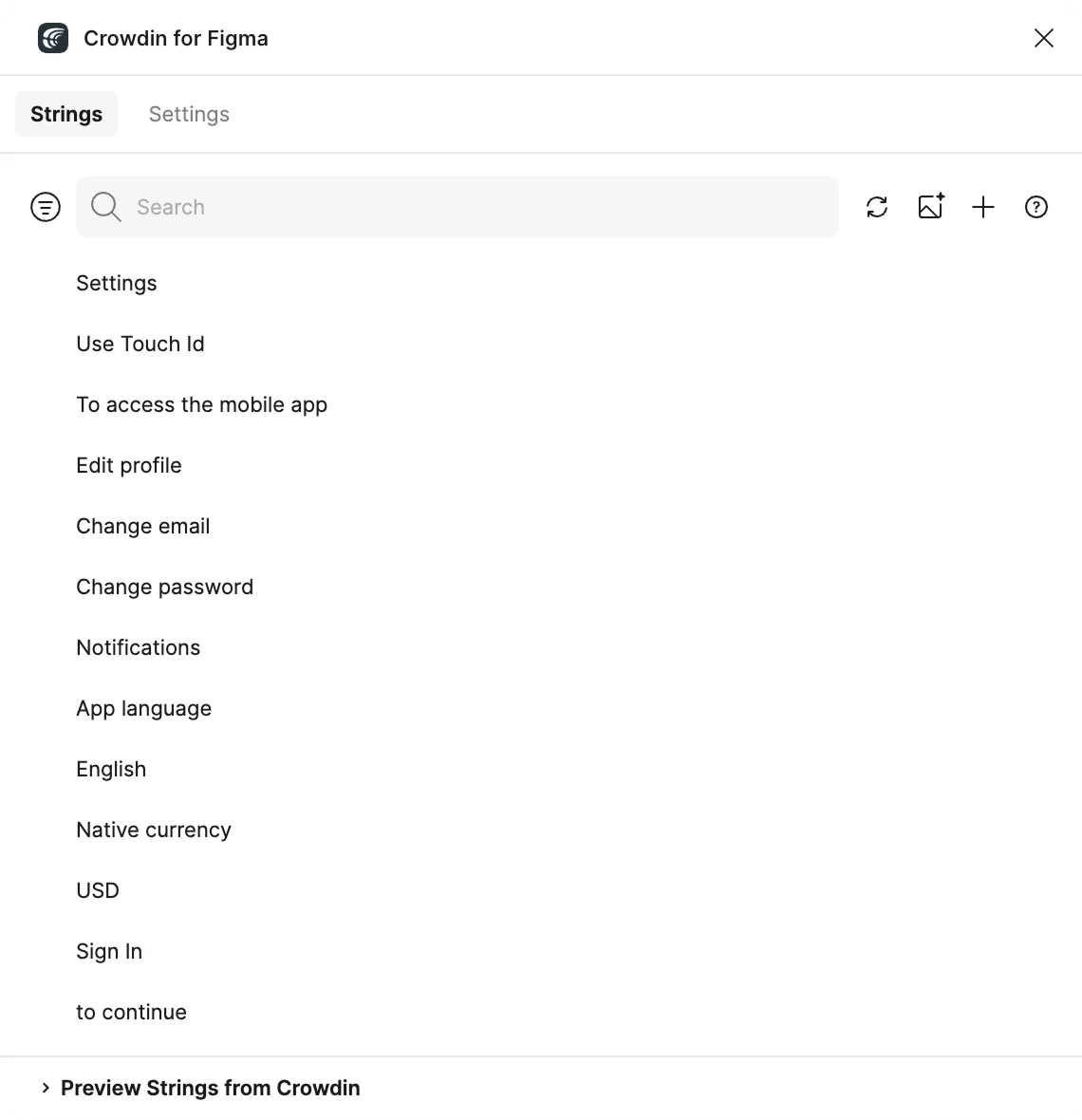 Figma-Plugin – Tab „Strings“